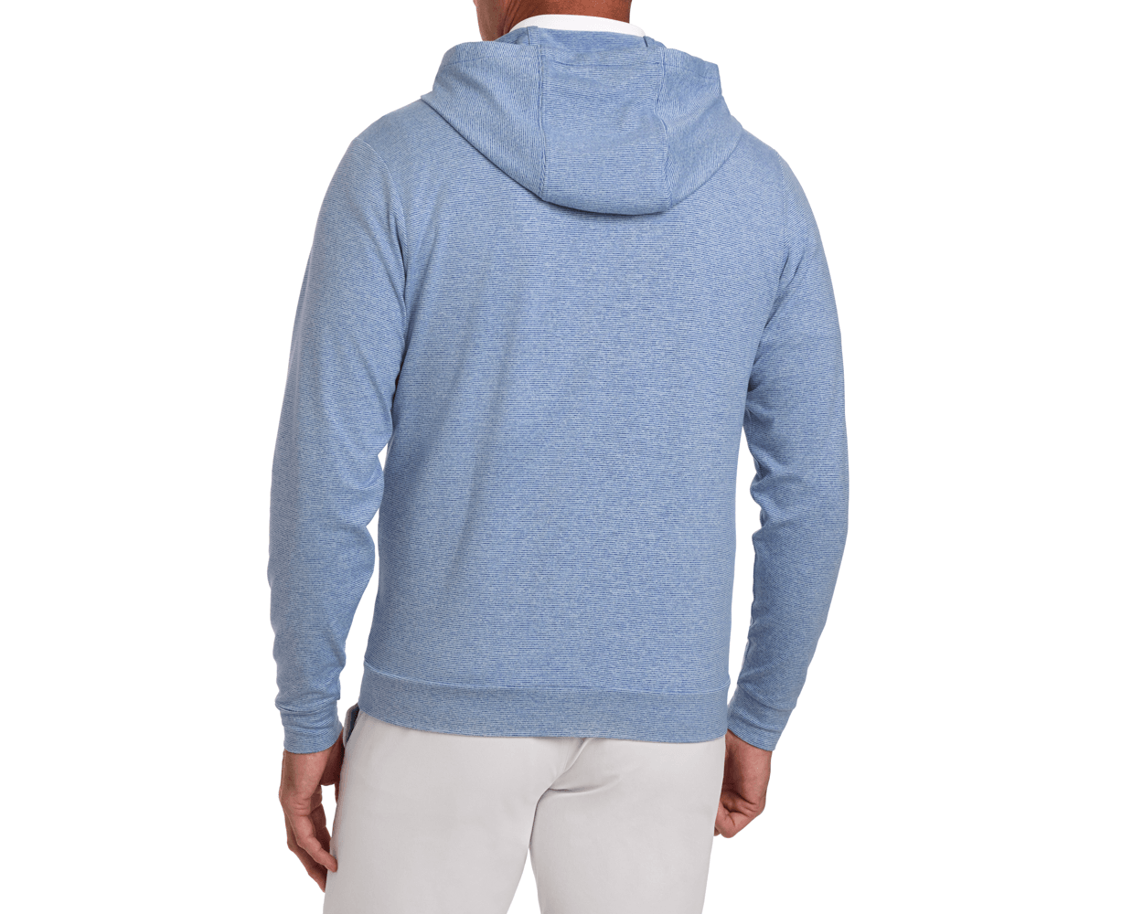 Back view of The Hamilton Hoodie: Heathered Maidstone Blue & White, showcasing its subtle stripe pattern and lightweight, ultra-soft fabric, emphasizing comfort and UPF 50+ protection.
