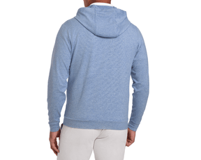 Back view of The Hamilton Hoodie: Heathered Maidstone Blue & White, showcasing its subtle stripe pattern and lightweight, ultra-soft fabric, emphasizing comfort and UPF 50+ protection.