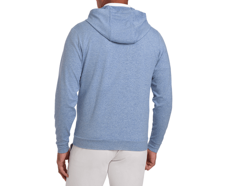 Back view of The Hamilton Hoodie: Heathered Maidstone Blue & White, showcasing its subtle stripe pattern and lightweight, ultra-soft fabric, emphasizing comfort and UPF 50+ protection.
