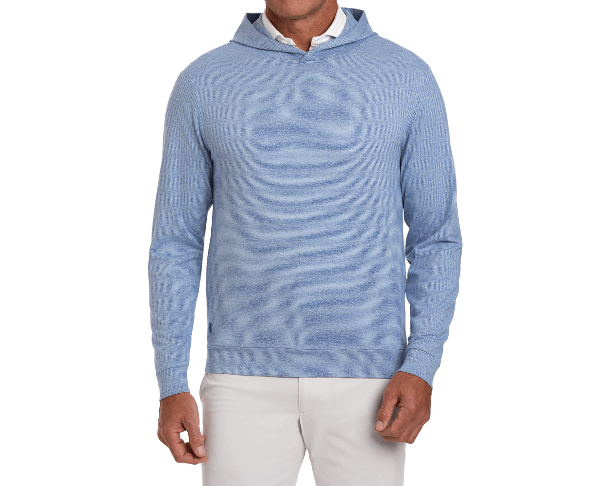 The Hamilton Hoodie: Heathered Maidstone Blue & White on model, showcasing its lightweight design over a white collared shirt, paired with beige trousers.