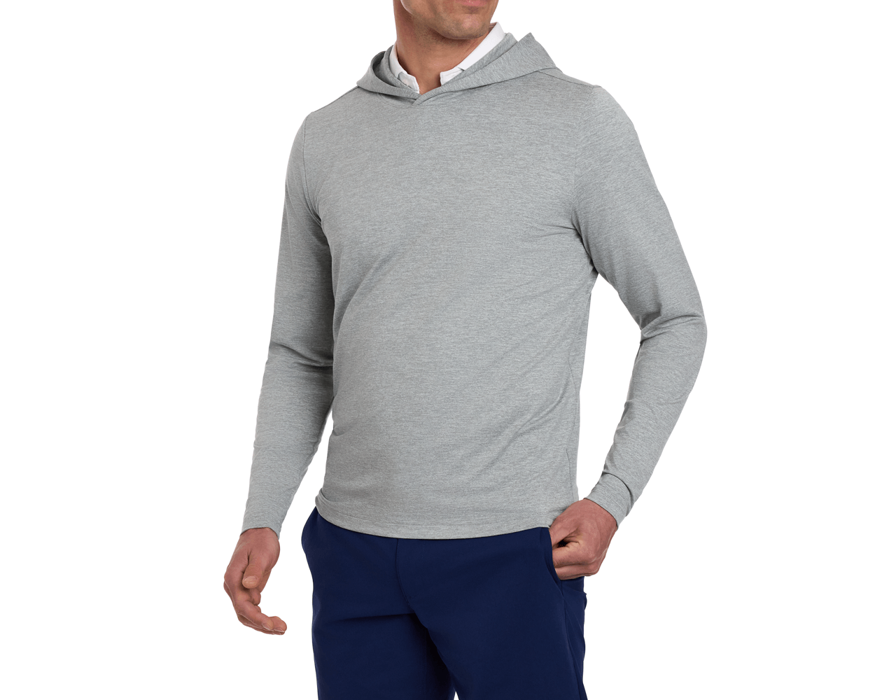 The Stowe Hoodie: Heathered Gray, features a light-gray, long-sleeve design with set-in sleeves and an athletic drop-tail hem, layered over a white undershirt.
