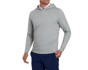 The Stowe Hoodie: Heathered Gray, features a light-gray, long-sleeve design with set-in sleeves and an athletic drop-tail hem, layered over a white undershirt.