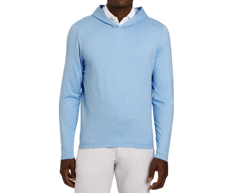 The Stowe Hoodie: Heathered Vista Blue, showcased over a white collared shirt, features a lightweight, ultra-soft design with set-in sleeves and an athletic drop-tail hem.