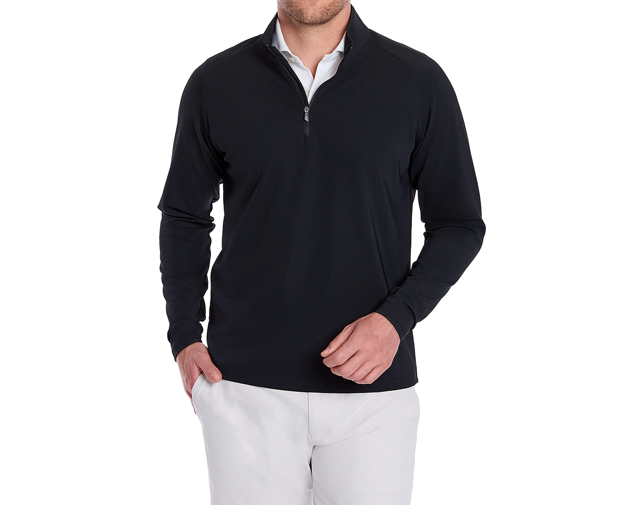 The Stuart Quarter-Zip: Black, shown on a male model, features a lightweight, textured rib fabric with a mock-neck collar and mid-chest zipper, paired with light pants.