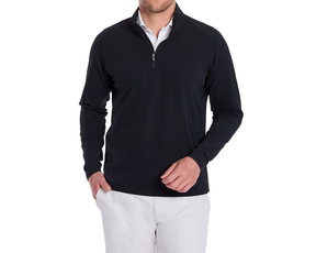 The Stuart Quarter-Zip: Black, shown on a male model, features a lightweight, textured rib fabric with a mock-neck collar and mid-chest zipper, paired with light pants.