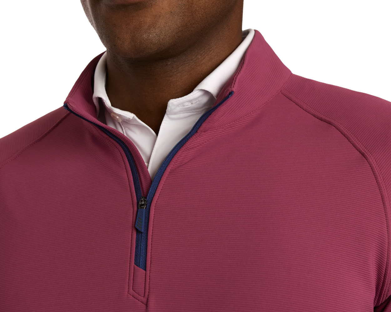 Person wearing The Stuart Quarter-Zip: Cabernet, showcasing its luxurious performance blend and subtle textured rib fabric with a visible white shirt collar underneath.