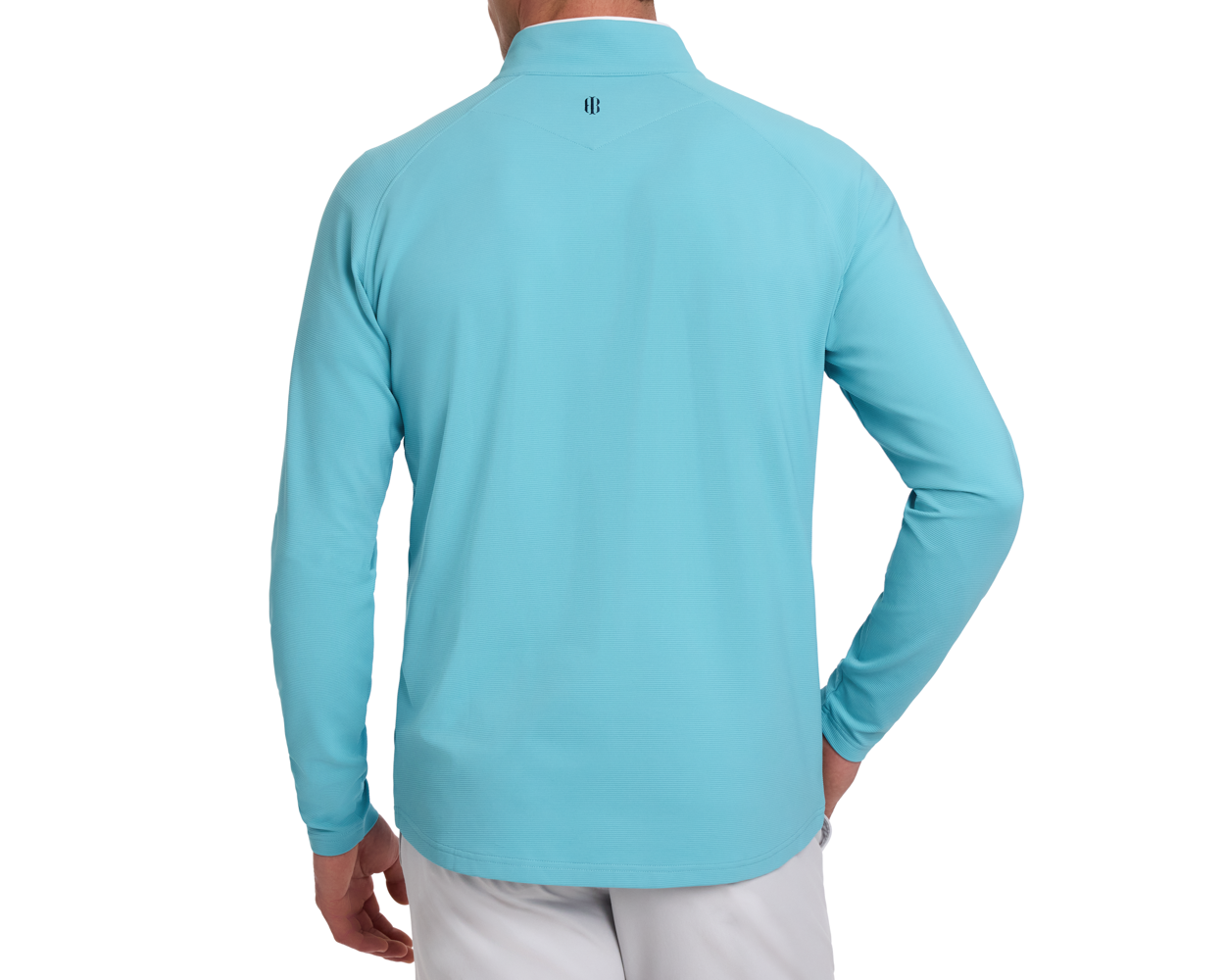 Back view of The Stuart Quarter-Zip: Harbor featuring a subtle rib texture, lightweight fabric, and a small logo below the collar on a collared shirt.