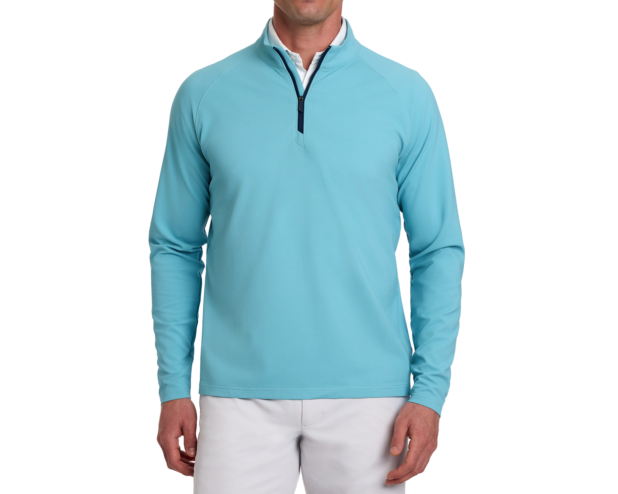Model wearing The Stuart Quarter-Zip: Harbor, a lightweight, textured rib pullover over a white shirt with light pants, showcasing modern wardrobe versatility.