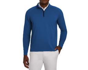 Man wearing The Stuart Quarter-Zip: Maidstone Blue over a white shirt, showcasing its textured rib fabric and versatile performance design.