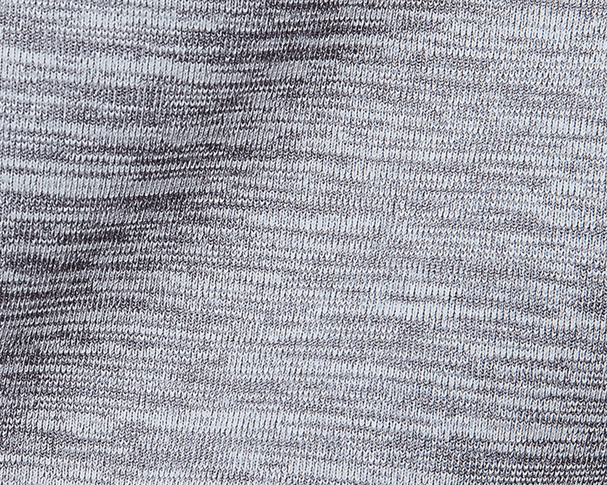 The Laidlay Crewneck: Heathered Gray, showing a macro view of its grey knitted fabric, highlighting the soft and stretchy heathered texture.