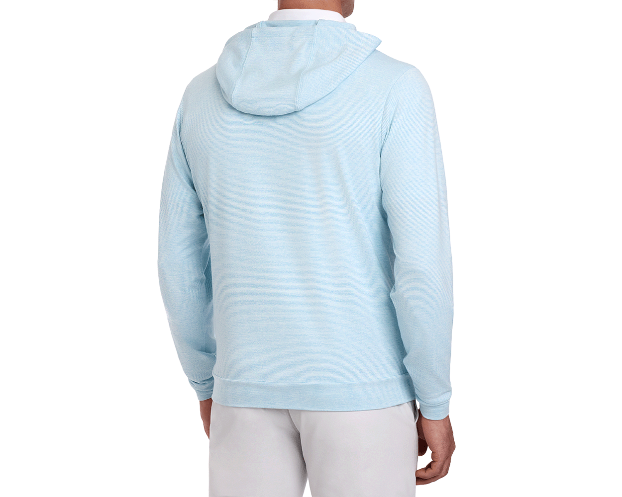 Back view of The Hamilton Hoodie: Heathered Harbor & White, showcasing its subtle heathered stripe pattern and lightweight, ultra-soft fabric with 4-way stretch.