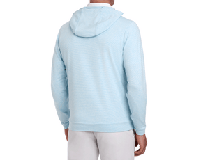 Back view of The Hamilton Hoodie: Heathered Harbor & White, showcasing its subtle heathered stripe pattern and lightweight, ultra-soft fabric with 4-way stretch.