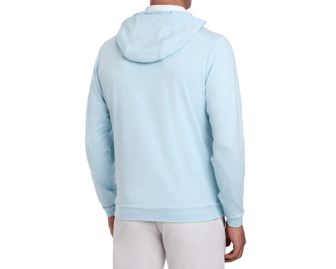 Back view of The Hamilton Hoodie: Heathered Harbor & White, showcasing its subtle heathered stripe pattern and lightweight, ultra-soft fabric with 4-way stretch.