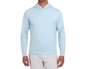 The Hamilton Hoodie: Heathered Harbor & White, shown on a male model, features a slim-fit design with a subtle stripe pattern over a white collared shirt.