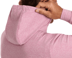 Back view of person adjusting the hood of The Hamilton Hoodie: Heathered Cabernet & White, showcasing its fine-striped pattern and relaxed fit.