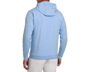 Back view of a model wearing The Hamilton Hoodie in Heathered Horizon Blue & White, showcasing its lightweight design and subtle heathered stripe pattern.