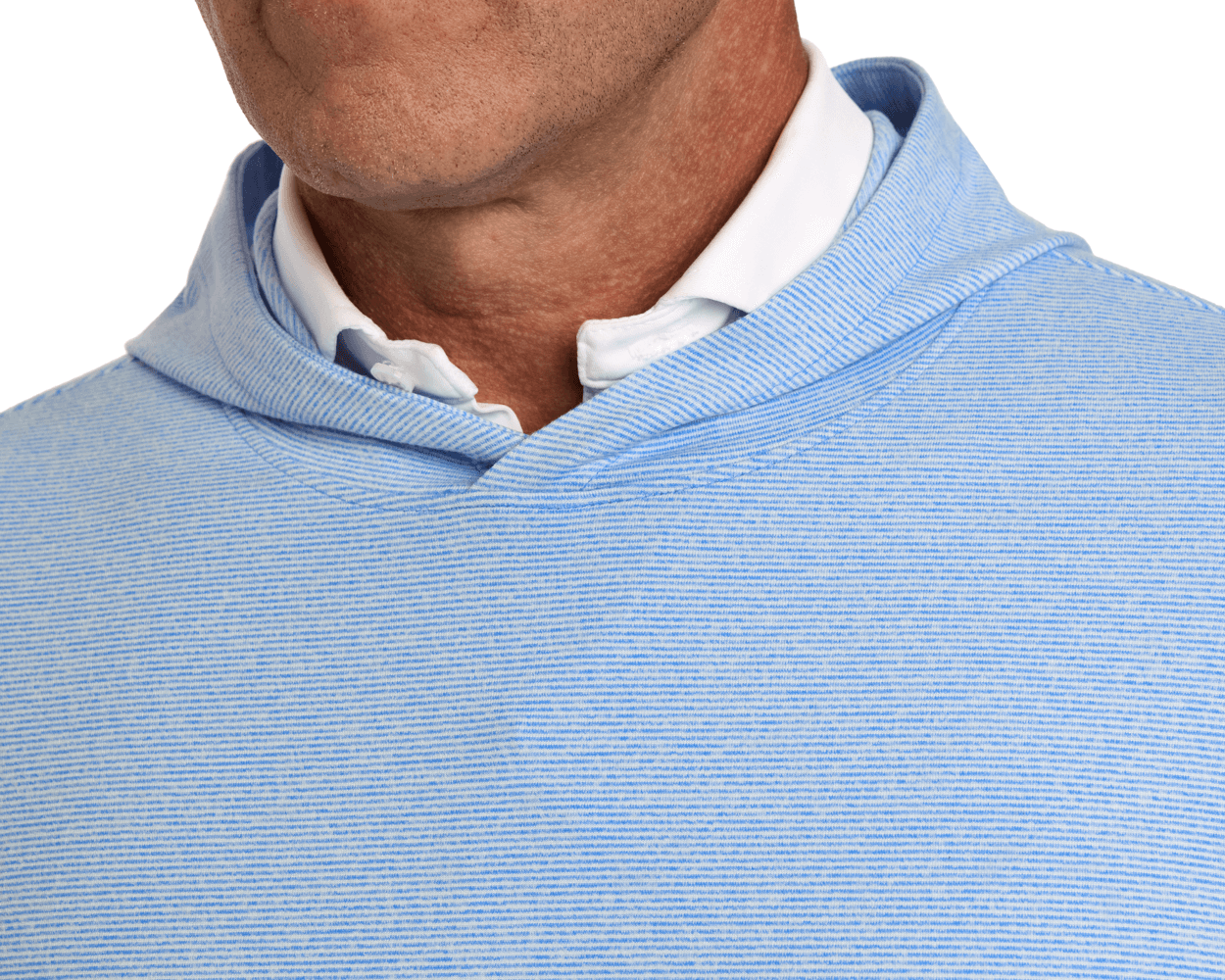 Person wearing The Hamilton Hoodie: Heathered Horizon Blue & White, showcasing its lightweight, fine-striped design with a white collared shirt underneath for versatile comfort.