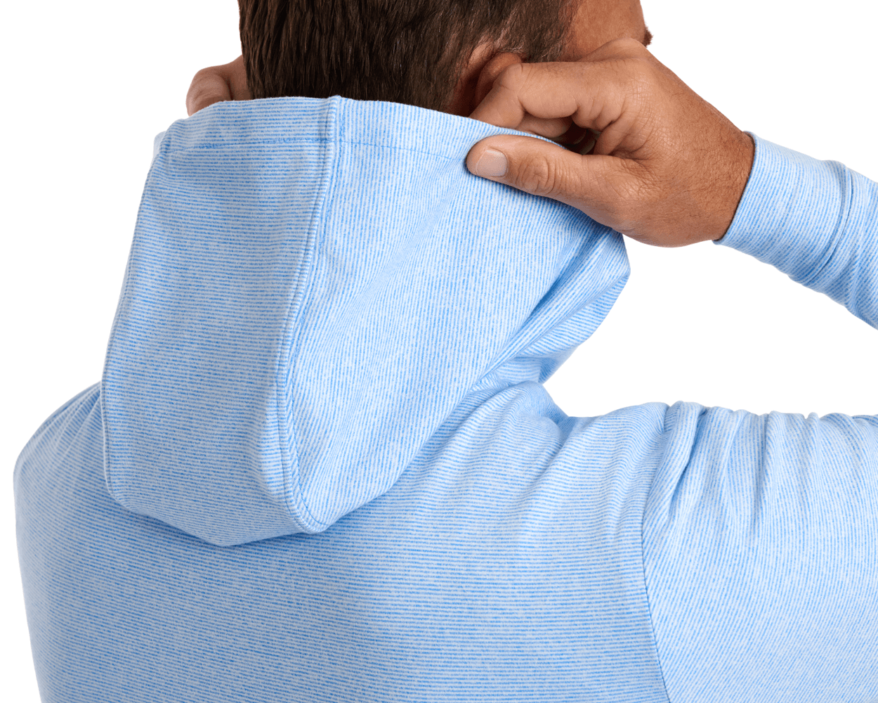 The Hamilton Hoodie: Heathered Horizon Blue & White, featuring a subtle stripe pattern, worn by a person adjusting the hood with both hands.