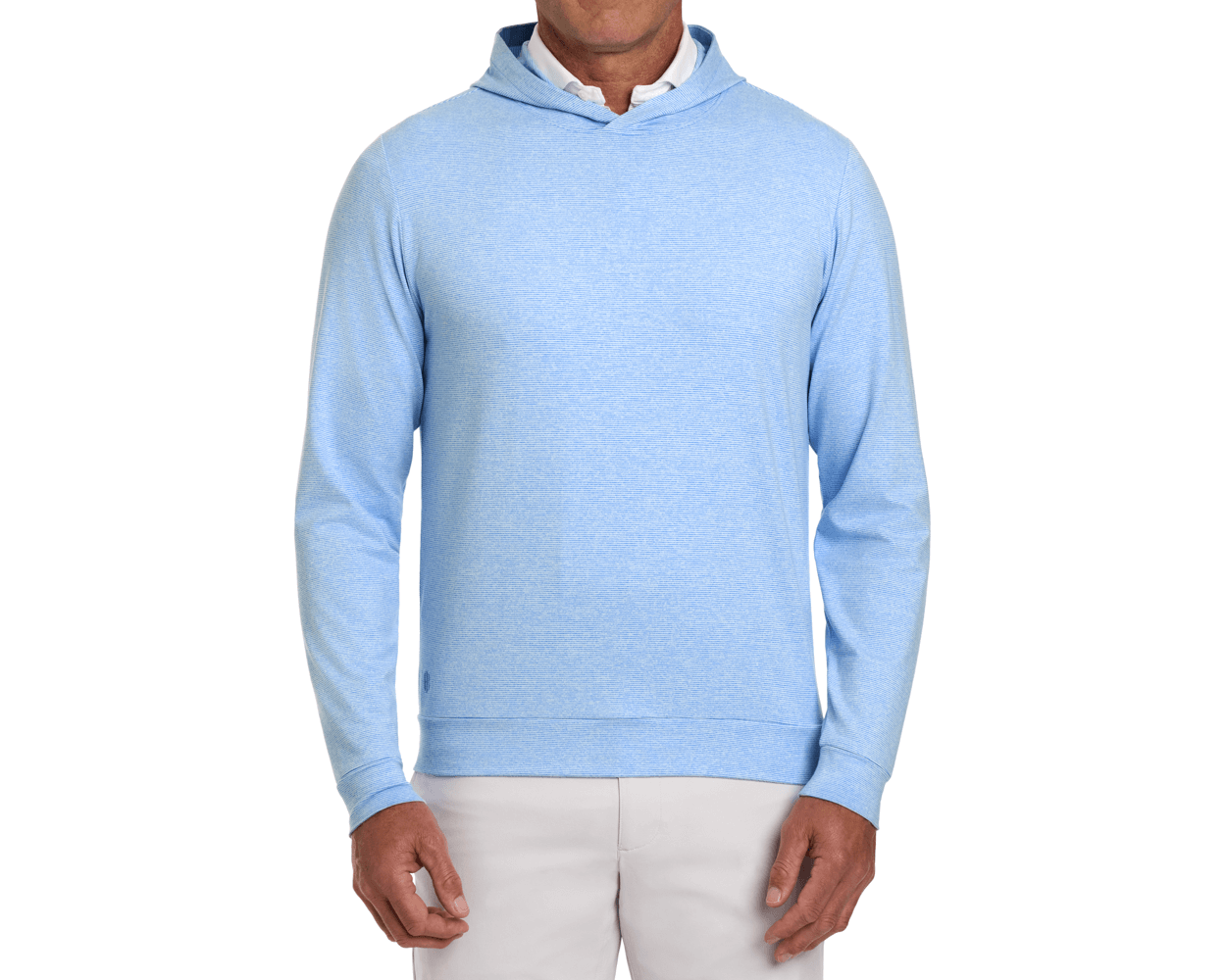The Hamilton Hoodie in Heathered Horizon Blue & White, worn over a collared shirt, showcases a stylish design with a subtle stripe pattern and performance fabric.