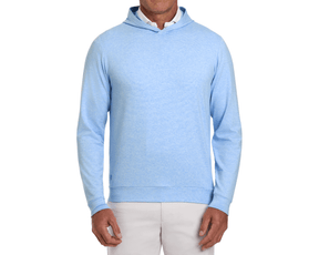 The Hamilton Hoodie in Heathered Horizon Blue & White, worn over a collared shirt, showcases a stylish design with a subtle stripe pattern and performance fabric.