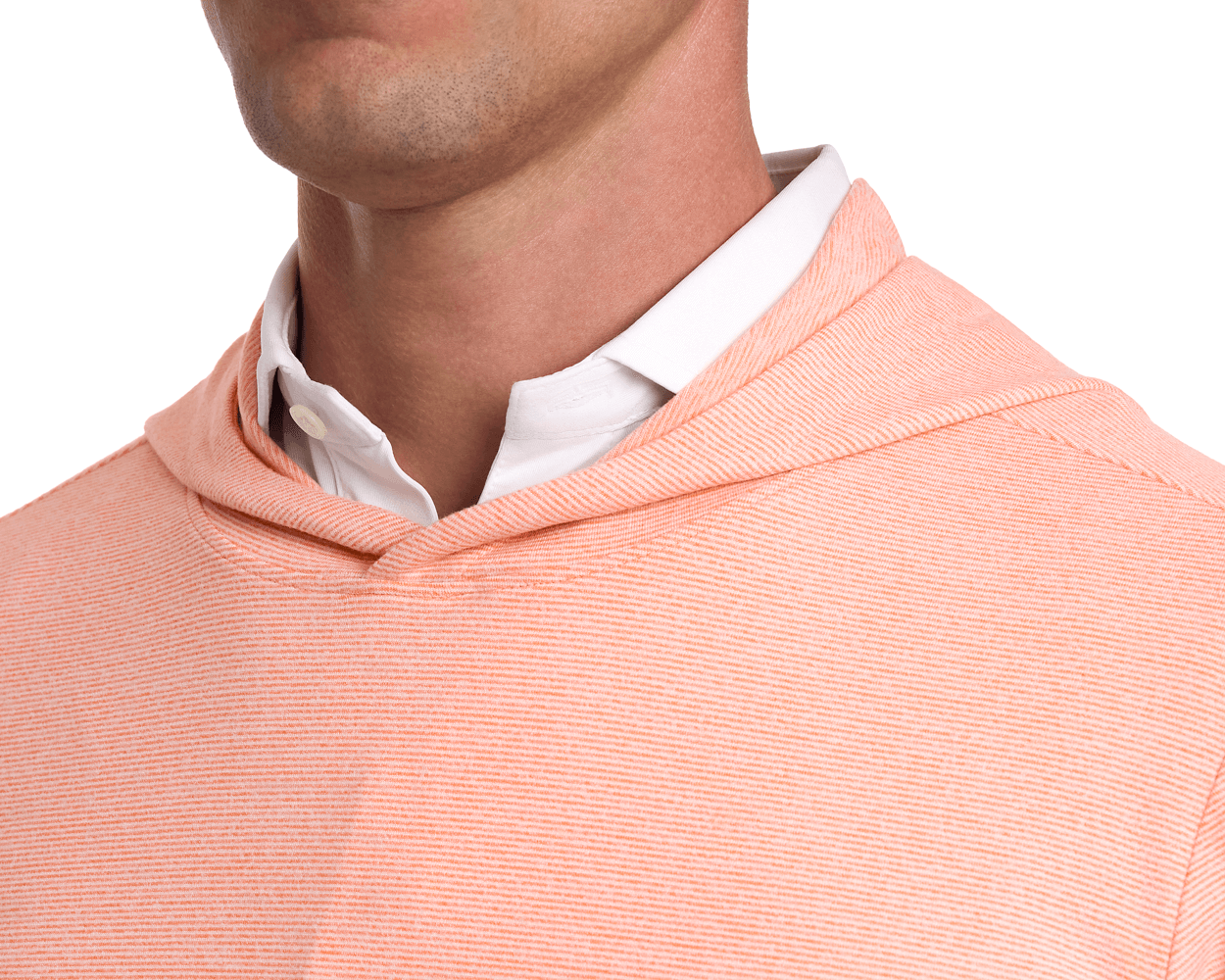 Close-up of a person wearing The Hamilton Hoodie in Heathered Nectarine & White, showcasing its fine-striped design, lightweight fabric, and hooded style.