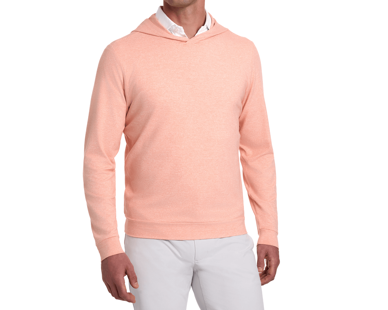 The Hamilton Hoodie: Heathered Nectarine & White, modeled over a white shirt, features a lightweight, striped design with 4-way stretch and UPF 50+ protection.