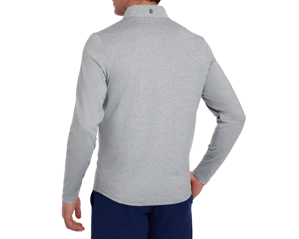 Back view of The Bell Quarter-Zip in heathered gray, featuring a small logo on the collar, highlighting its sporty and sophisticated design.