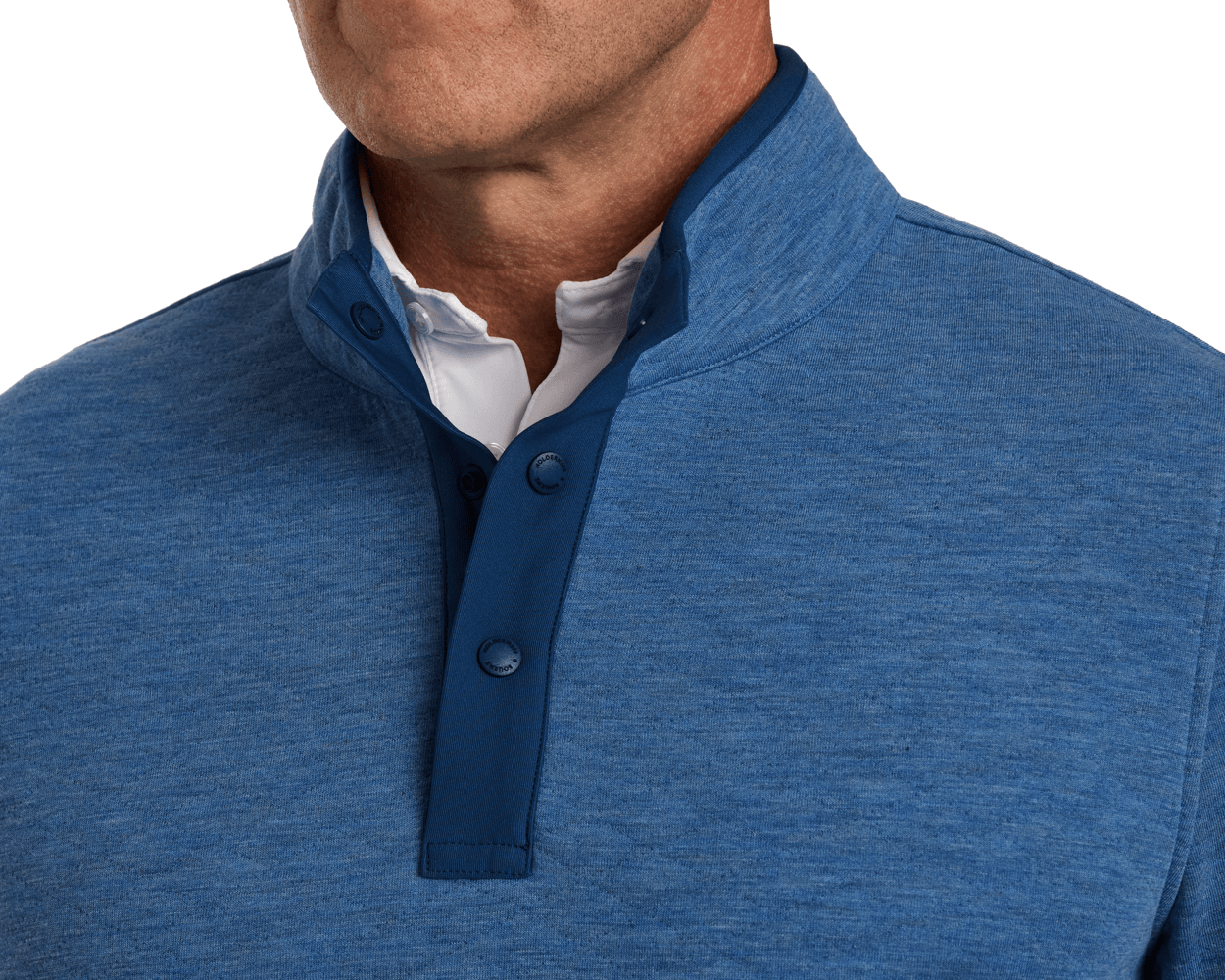 The Sullivan Quarter-Snap in Heathered Maidstone Blue, featuring a stand-up collar, three-button placket, and diamond-quilted insulation for warmth and style.