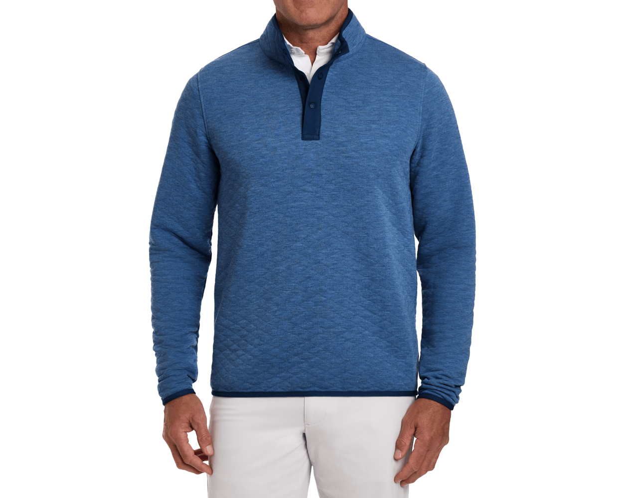 The Sullivan Quarter-Snap pullover in heathered blue features a stand-up collar, three-button placket, and quilted texture, layered over a white shirt.