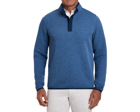 The Sullivan Quarter-Snap pullover in heathered blue features a stand-up collar, three-button placket, and quilted texture, layered over a white shirt.