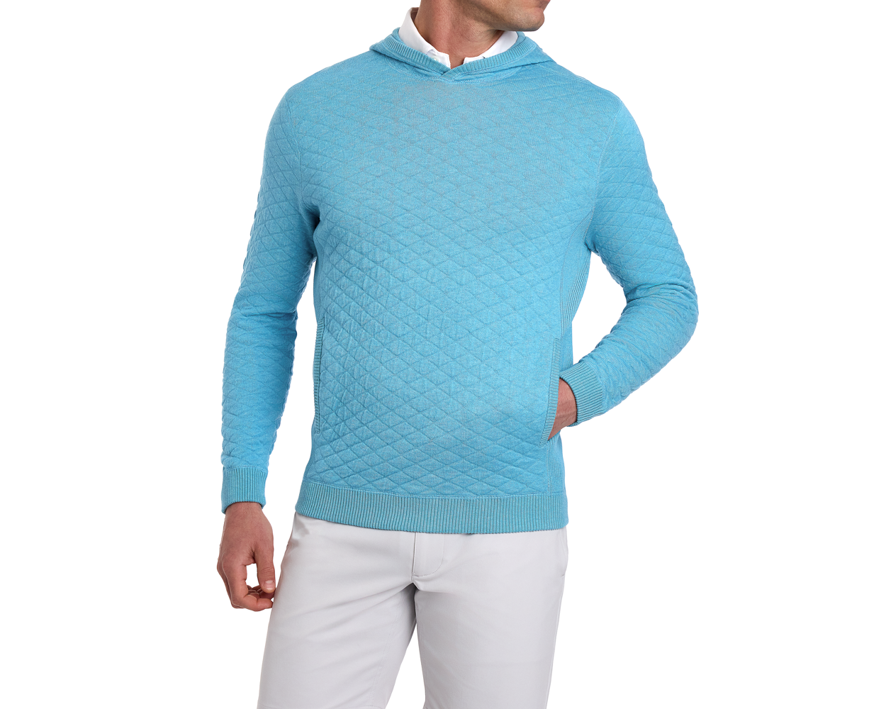 The Wallace Hoodie Sweater: Heathered Harbor features a quilted design, kangaroo pocket, ribbed cuffs, and hem, worn over a white collared shirt.
