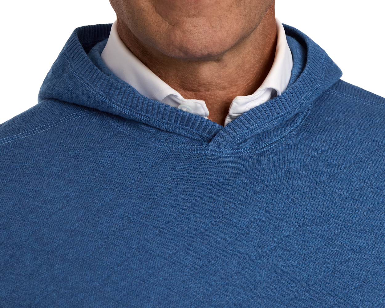 The Wallace Hoodie Sweater in blue, worn over a white shirt, showcases ribbed side panels and a knit design for warmth and style.