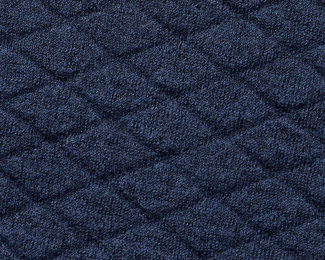 The Wallace Hoodie Sweater: Heathered Navy features a quilted, diamond-patterned texture with ribbed side panels, crafted from 100% Egyptian cotton for warmth and style.