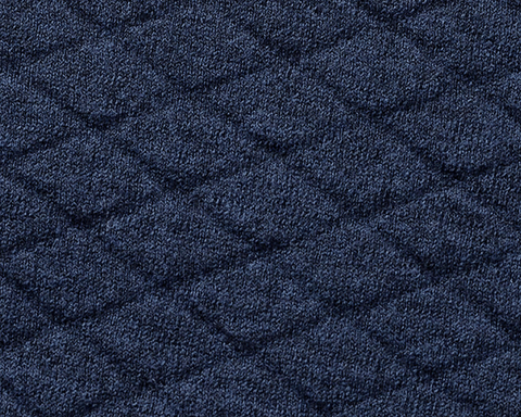 The Wallace Hoodie Sweater: Heathered Navy features a quilted, diamond-patterned texture with ribbed side panels, crafted from 100% Egyptian cotton for warmth and style.