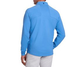 Back view of a man wearing The Rodgers Quarter-Zip: Horizon Blue, a stretchy midweight pullover with UPF 50+ protection and low-profile side pockets.