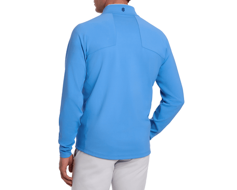 Back view of a man wearing The Rodgers Quarter-Zip: Horizon Blue, a stretchy midweight pullover with UPF 50+ protection and low-profile side pockets.