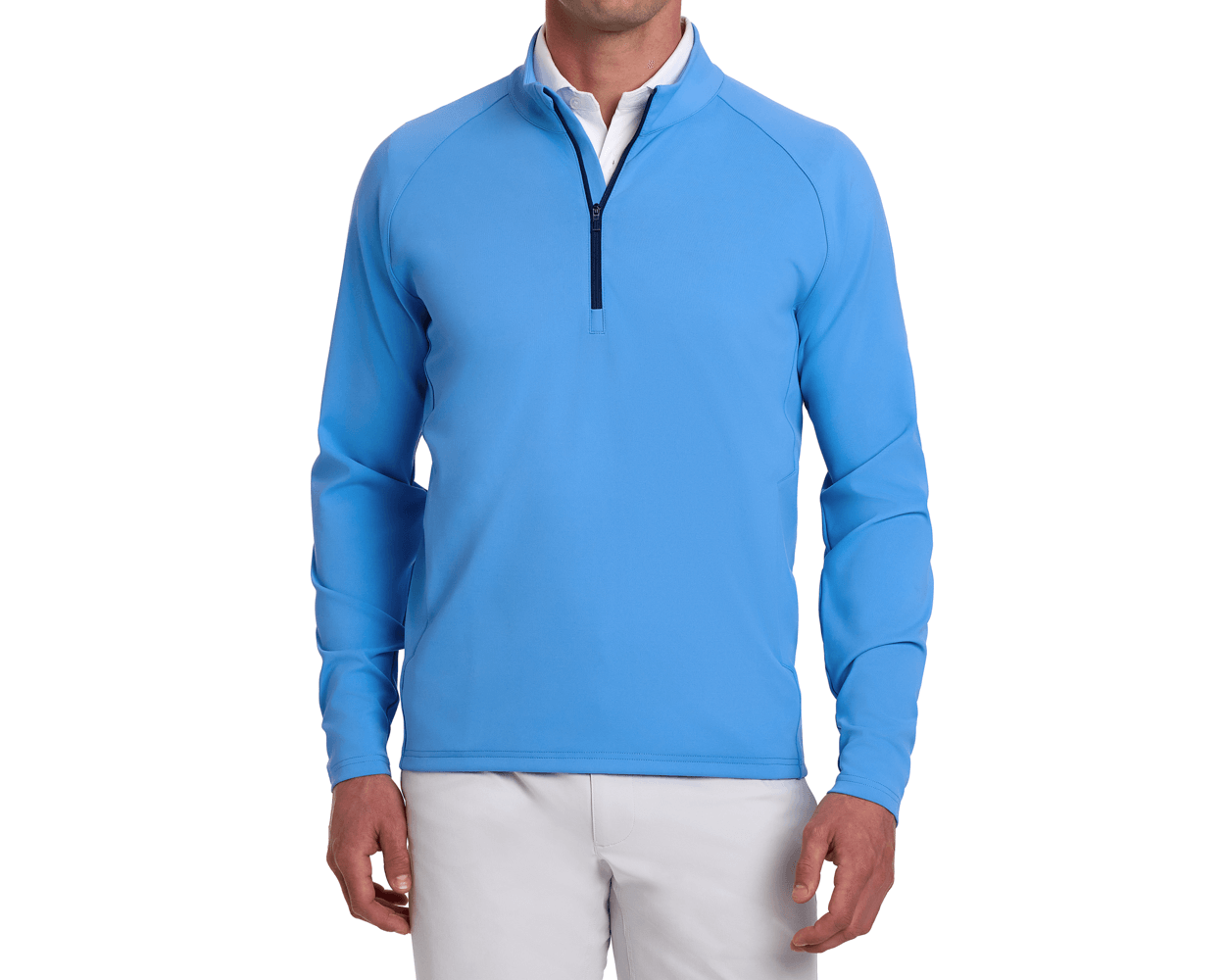 Male model wearing The Rodgers Quarter-Zip: Horizon Blue over a white collared shirt, paired with light-colored pants, showcasing the pullover's fit and style.