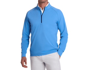 Man models The Rodgers Quarter-Zip: Horizon Blue, a light-blue athletic pullover with quarter-zip over a white collared shirt, ideal for golf and casual events.