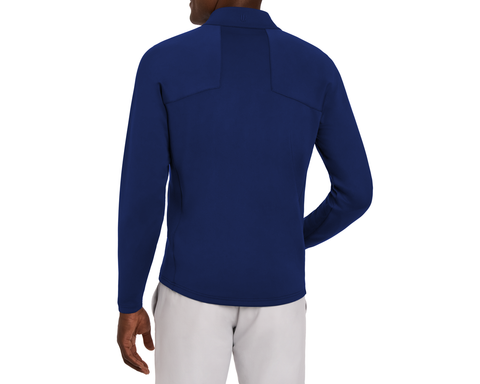 Back view of a man in The Rodgers Quarter-Zip: Navy, featuring a fitted athletic design with a stand-up collar, paired with light-gray pants.