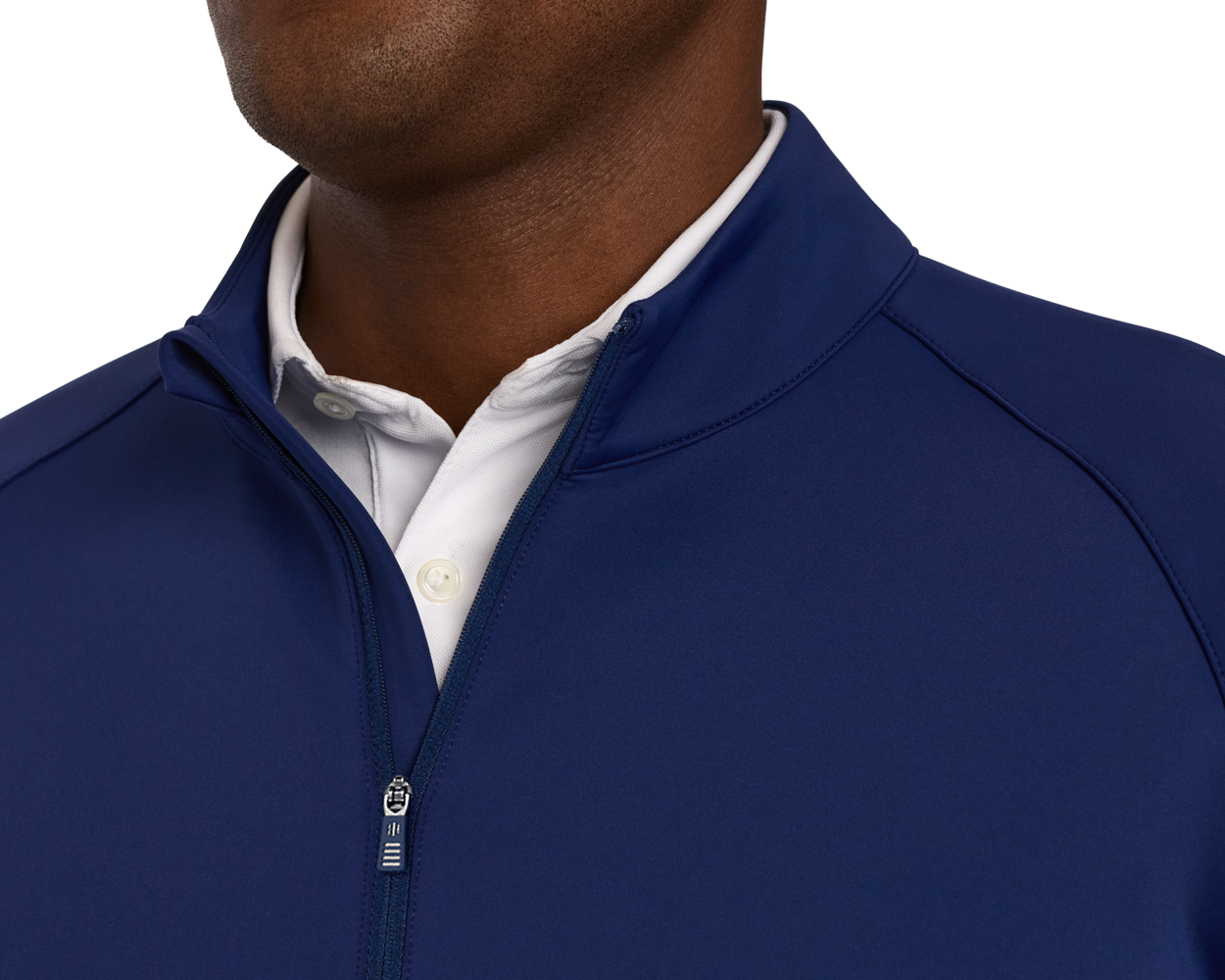 Person wearing The Rodgers Quarter-Zip: Navy, partially unzipped to show a white polo underneath; features stretchy, super-soft fabric with low-profile side pockets.