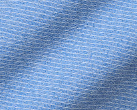 The Royce Quarter-Zip: Heathered Horizon Blue features a close-up of fine-knit texture with white stripes, highlighting its soft, stretchy, moisture-wicking fabric.