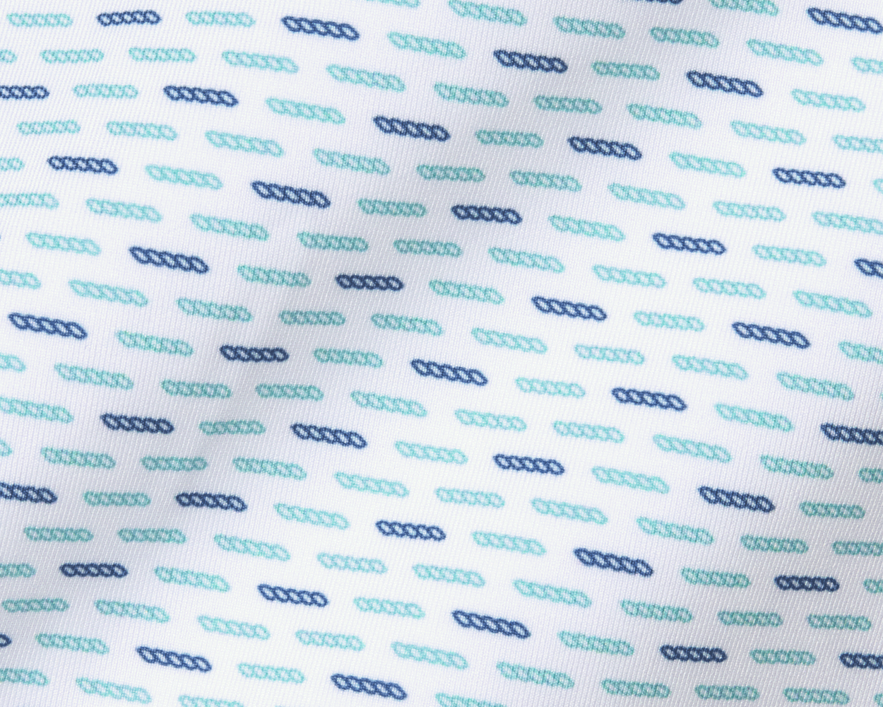 The James Boys Shirt: Harbor & Maidstone Blue features a close-up of its white fabric with a repeating teal and navy rope-twist pattern.