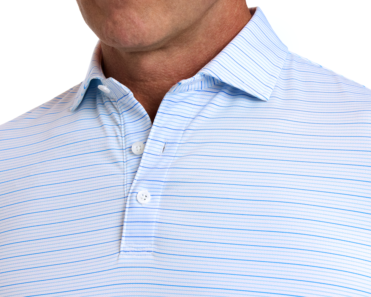 Man wearing The Stanley Shirt in light-blue stripes, featuring a spread collar and micro perforations for breathability and sun protection.
