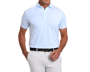 Man wearing The Stanley Shirt with light-blue stripes, tucked into light trousers, featuring a dark woven belt; highlighting breathable AIRATION® fabric and structured collar.