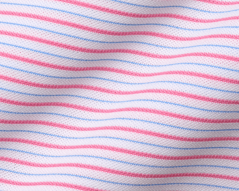 The Granville Shirt: Belmont & Horizon Blue features a fine knit with pink/red and light blue stripes, offering breathability and structured collar design.