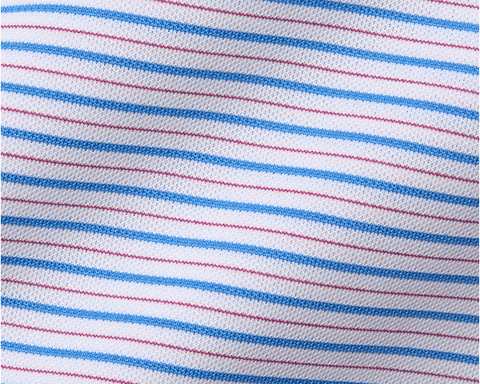 The Granville Shirt features soft, breathable performance pique with horizon blue and cabernet stripes on white, offering four-way stretch and UPF 30+ protection.
