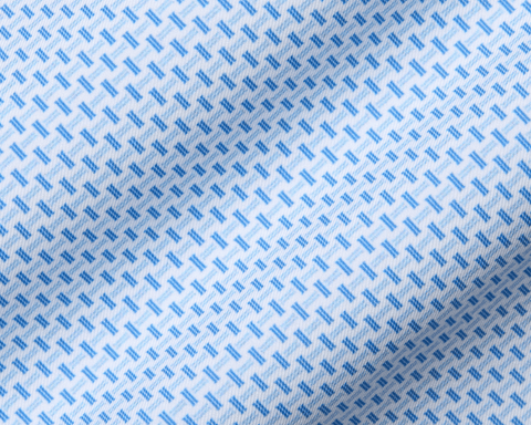 Close-up fabric swatch of University of North Carolina Norman Shirt: Vista Blue & Horizon Blue, showing its small blue geometric basketweave print on a white ground.