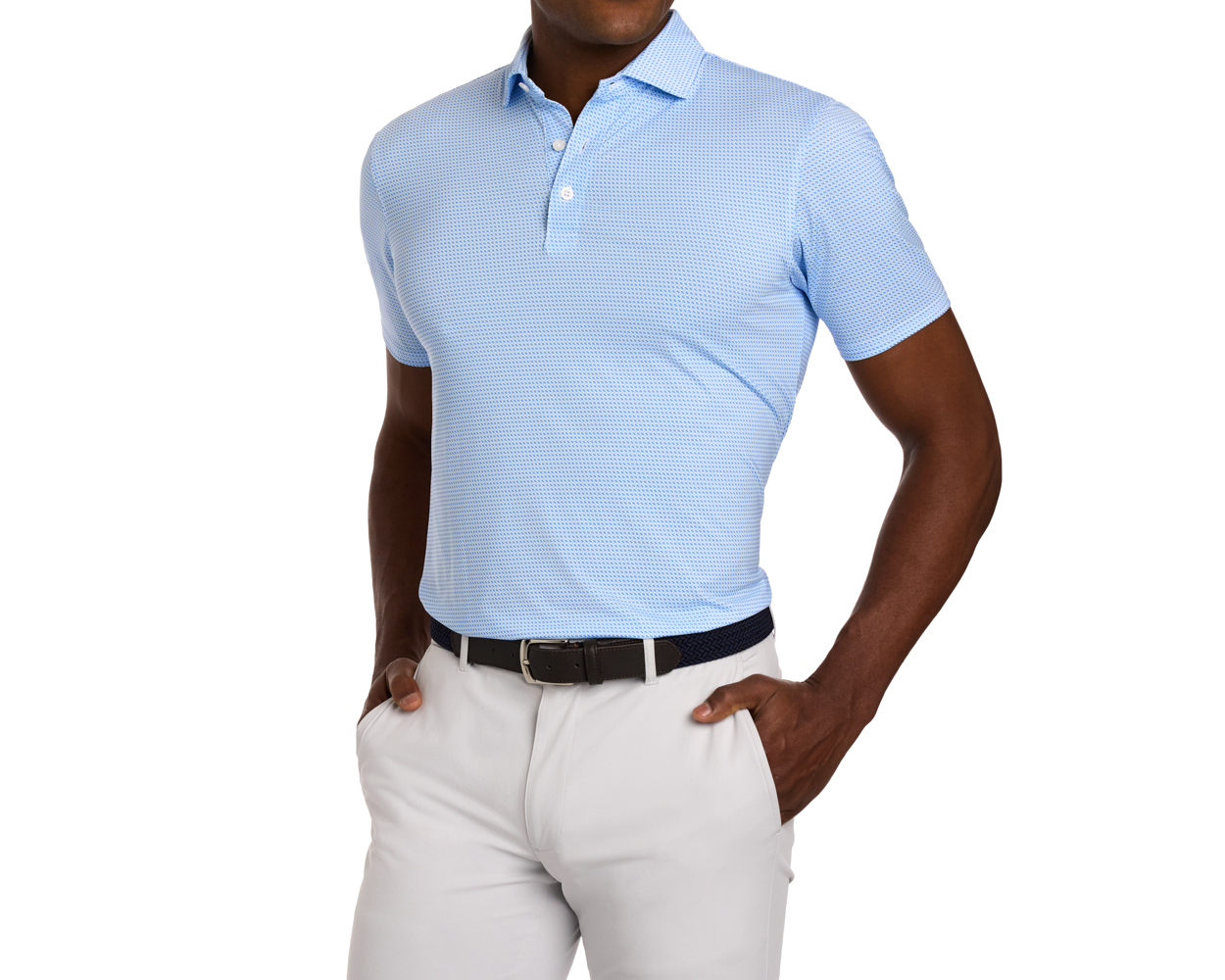 Man wearing The Norman Shirt: Vista Blue & Horizon Blue, showcasing its subtle geometric print, structured collar, and casual fit with tucked-in style.