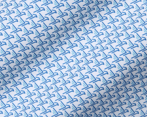 The Justice Shirt: Harbor & Maidstone Blue, features a white fabric with small, angular blue boomerang motifs, offering four-way stretch and breathability.