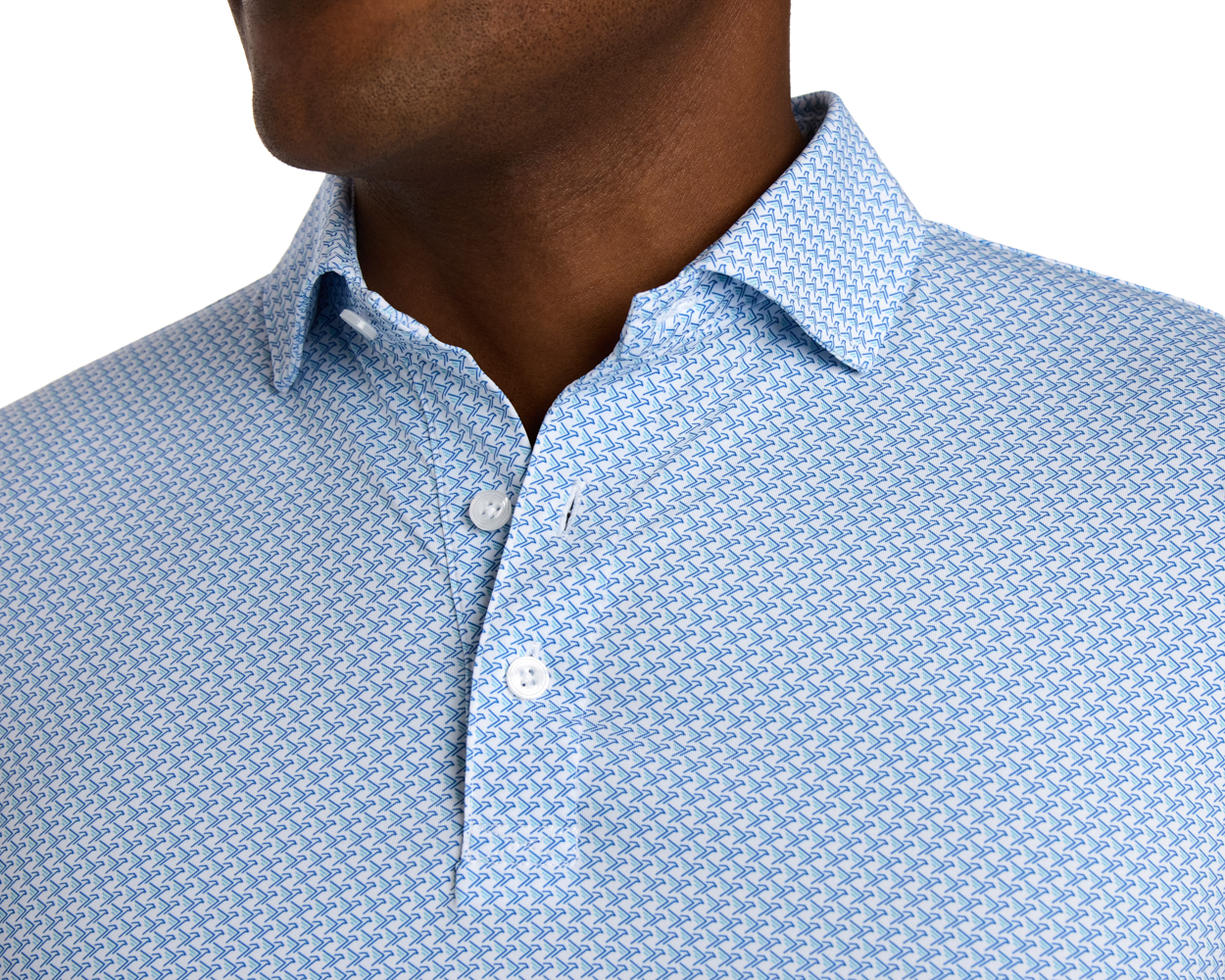 Close-up of The Justice Shirt: Harbor & Maidstone Blue featuring a spread collar and geometric print, highlighting its performance fabric with moisture-wicking and stretch properties.
